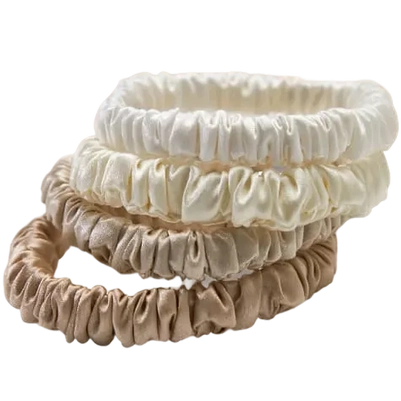 Lenoites Mulberry Silk Skinny Scrunchies - White, cream white, beige, light brown
