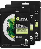 3 x Garnier Skinactive Face Pure Charcoal Black Tissue Mask Black Algae 28 gr.